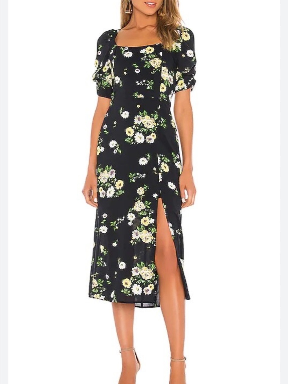 Floral Square-Neck Midi Dress in Black